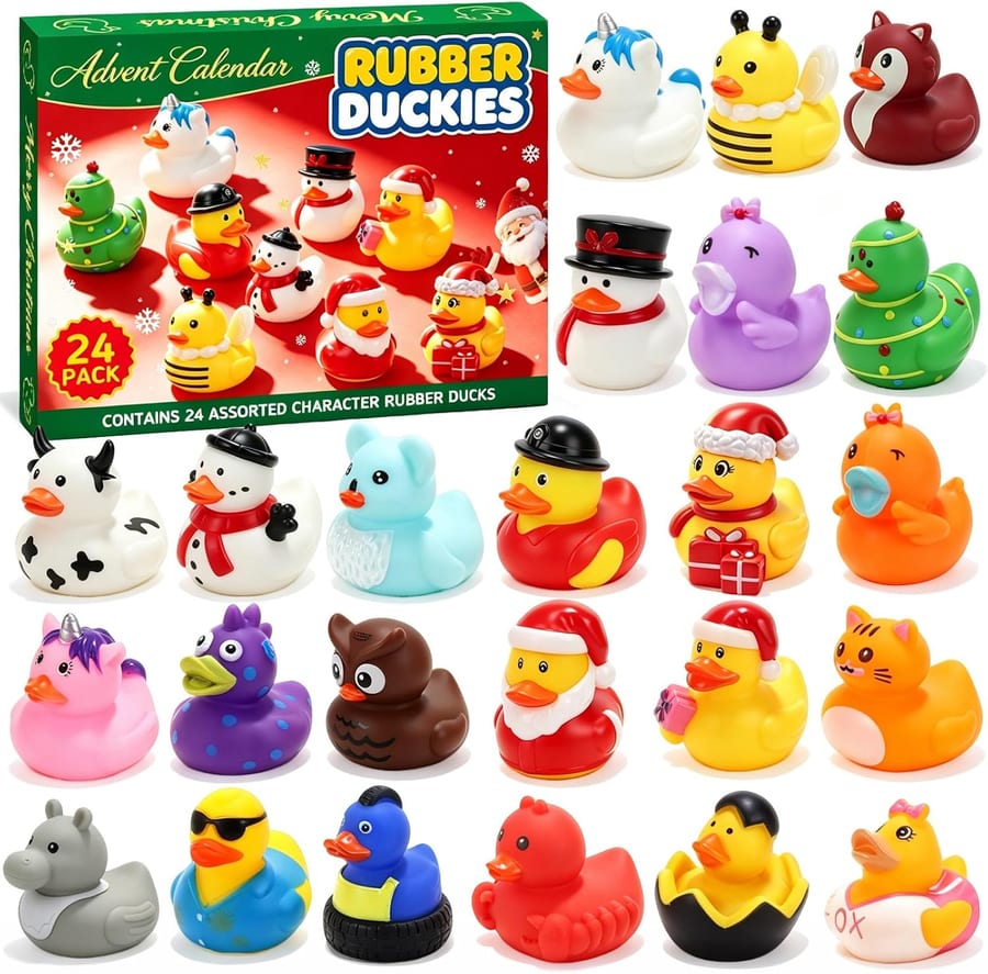 Adventskalender met 24 badeendjes, onder meer een sneeuwpop, een kerstman, een eenhoorn en een bij