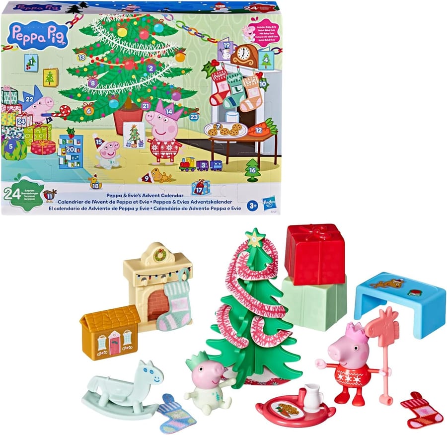 Peppa Pig adventskalender met Peppa en baby Evie en de kerstaccessoires uit de vakjes