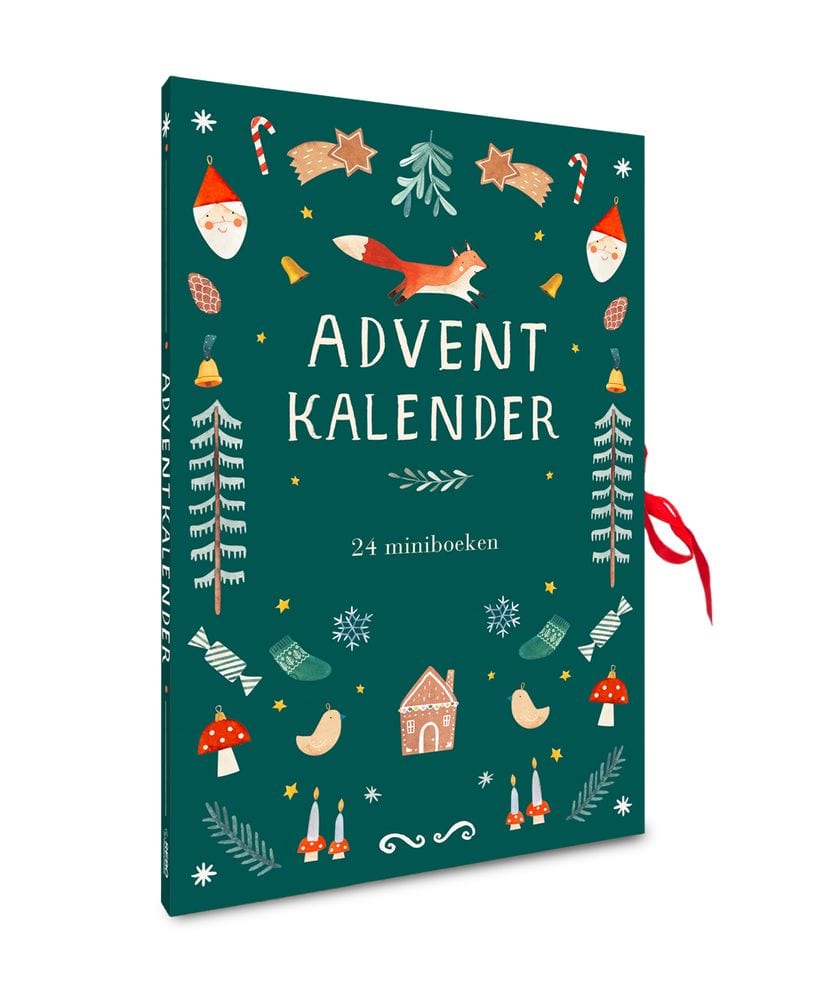 Donkergroene adventkalender met 24 miniboeken van Rebo met een vos, kerstmannetjes en een peperkoekhuisje op de voorkant