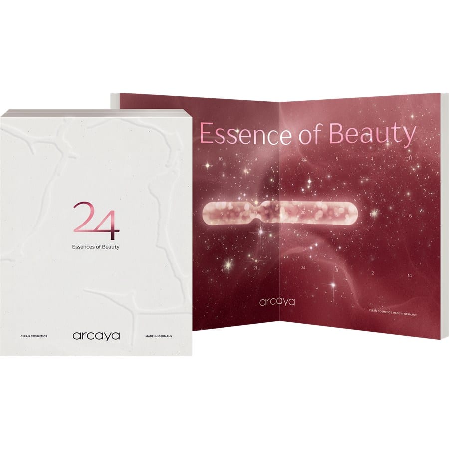 Arcaya Ampoules adventskalender: witte doos met 24 Essences of Beauty en de opengeklapte bordeauxrode binnenkant