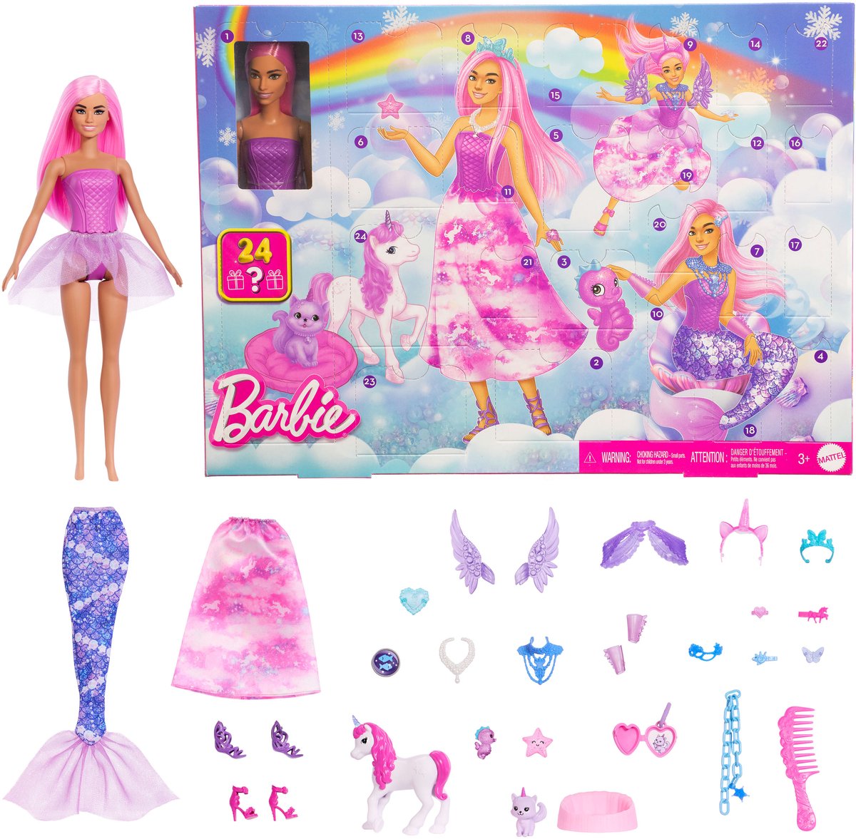 Barbie adventskalender met modepop en fantasie-accessoires