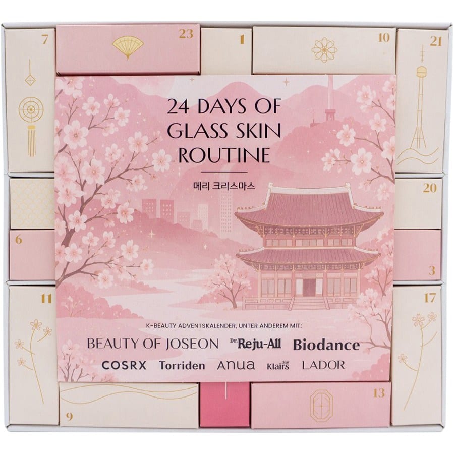 K-beauty adventskalender 24 Days of Glass Skin Routine: roze doos met kersenbloesem en een Koreaans paleis