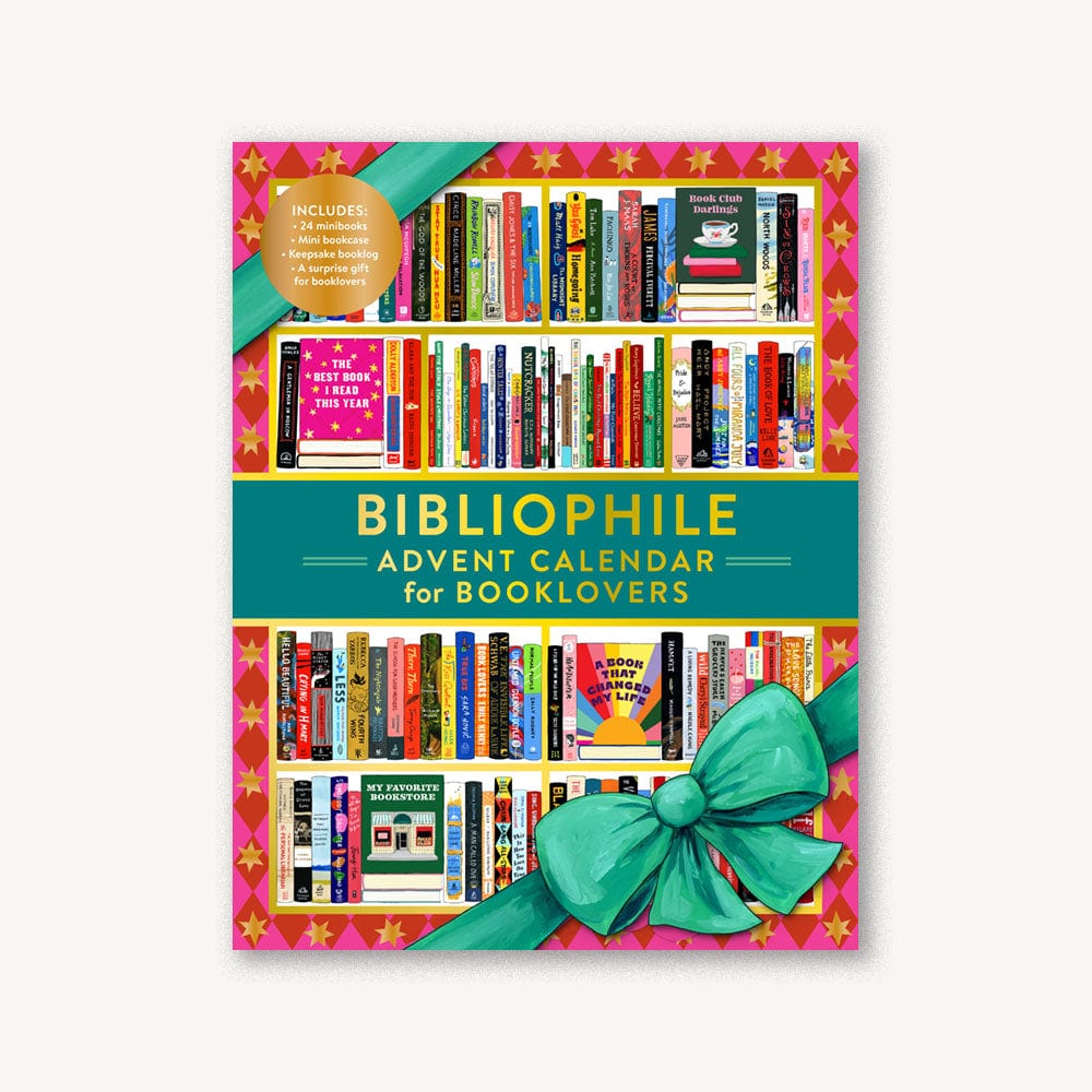 Bibliophile Advent Calendar for Booklovers met getekende boekenplanken en een groene strik