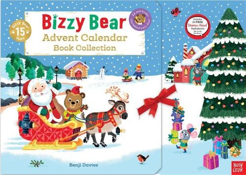 Bizzy Bear Advent Calendar Book Collection met Bizzy Bear en de Kerstman in een slee met een rendier