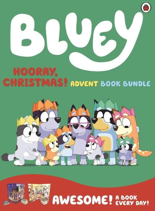 Bluey Hooray, Christmas! Advent Book Bundle met de familie Heeler met papieren kroontjes