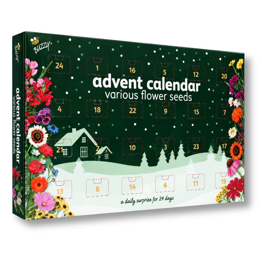 Groene Buzzy adventskalender met bloemenzaden met bloemen langs de randen