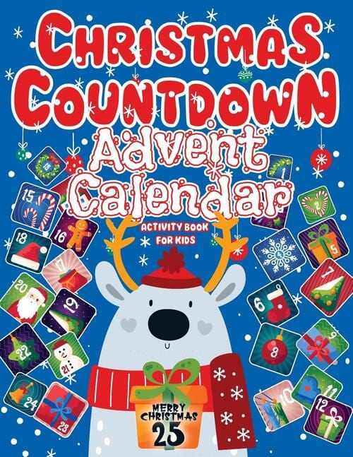 Christmas Countdown Advent Calendar Activity Book for Kids met een witte beer met gewei en genummerde kerstvakjes