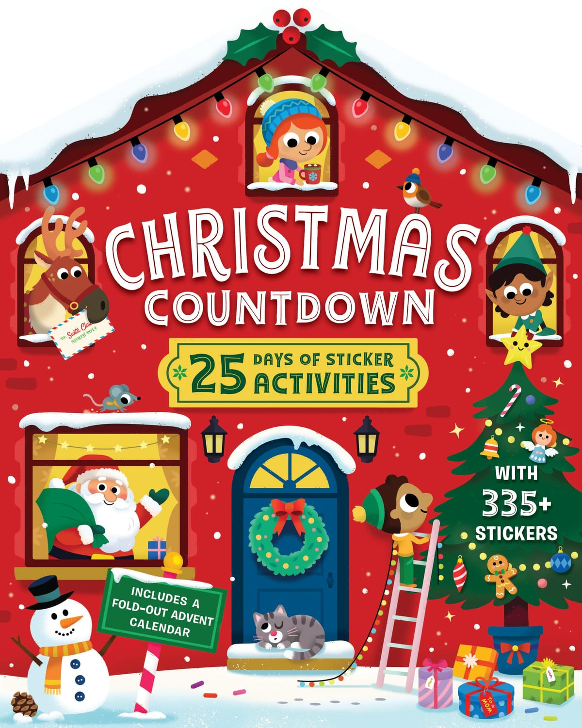 Christmas Countdown stickerboek in de vorm van een rood kersthuis met de kerstman en een sneeuwpop
