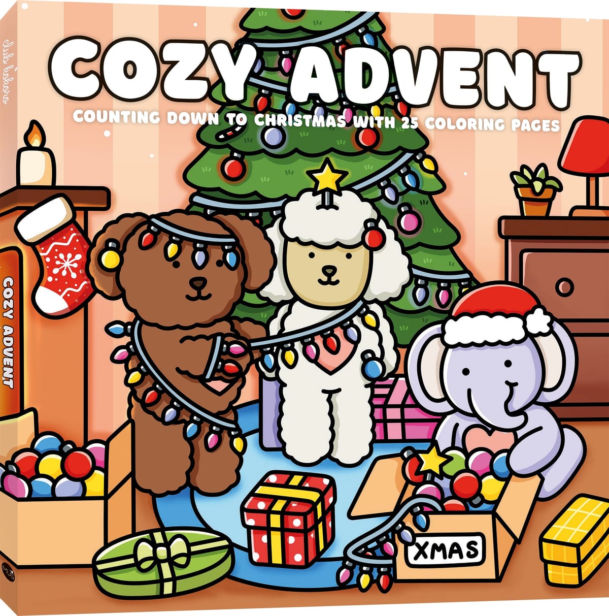 Cozy Advent kleurboek van Club Kokoro met twee hondjes en een olifant bij de kerstboom