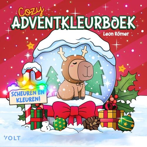 Cozy adventkleurboek van Leon Römer met een capibara met rendiergewei in een sneeuwbol