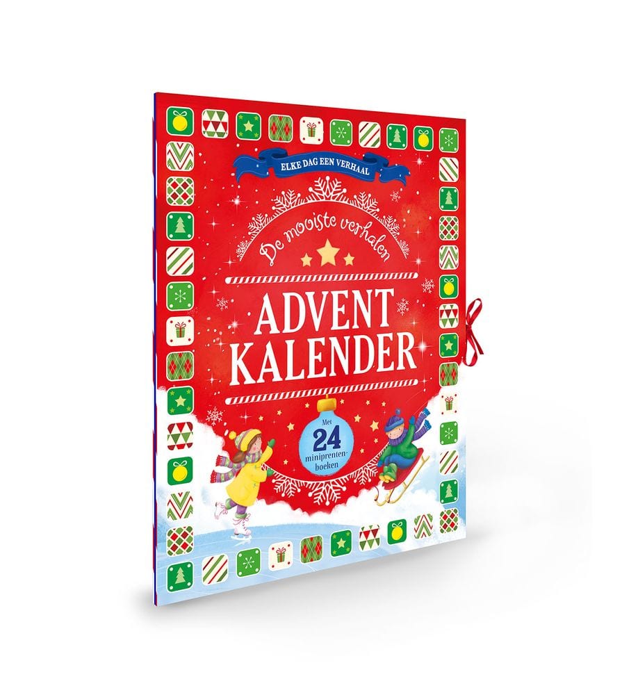 De mooiste verhalen adventkalender van Rebo met twee schaatsende kinderen en een rand van kerstvakjes