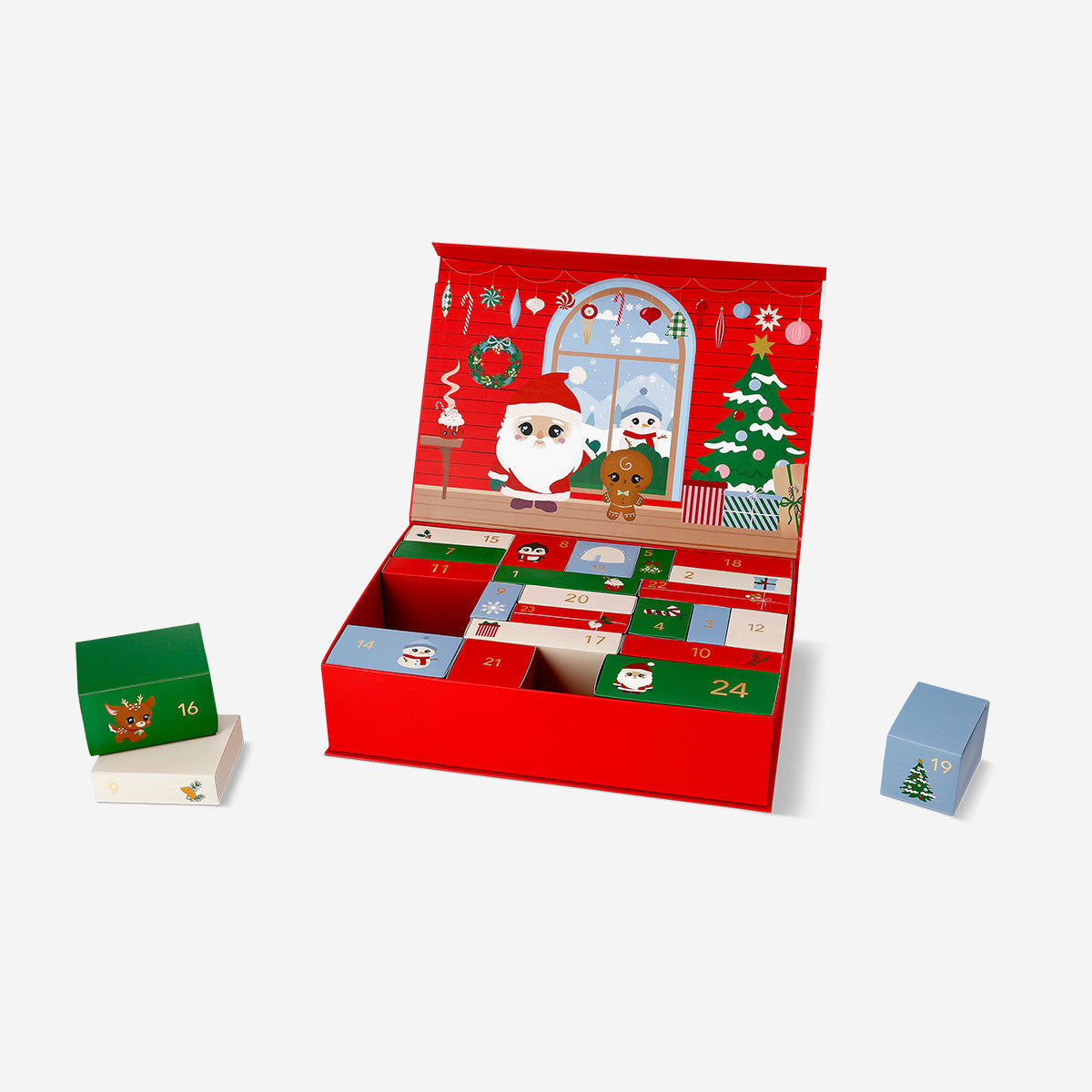 Geopende Flying Tiger adventskalenderdoos met kerstmanhuisje en 24 doosjes