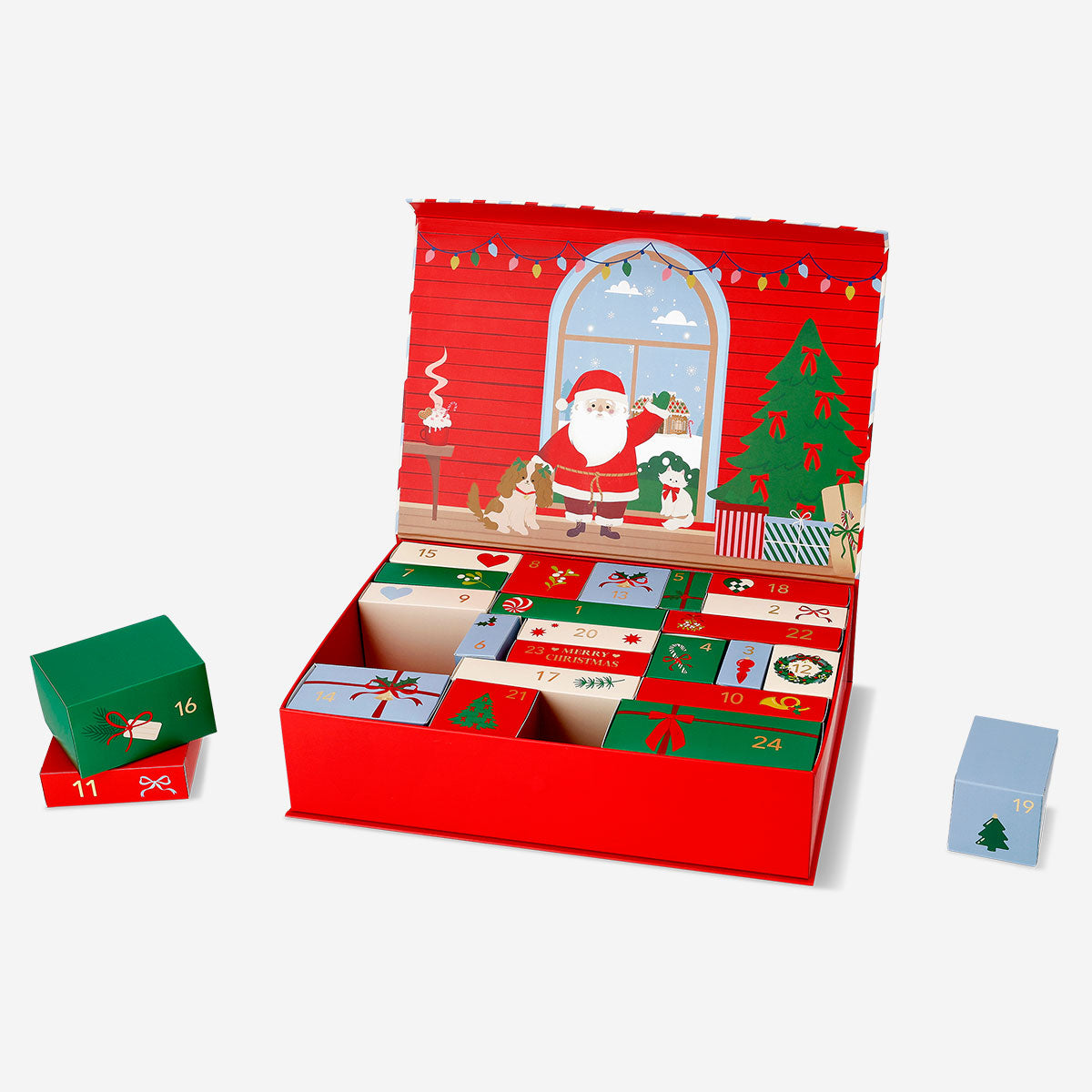 Geopende Flying Tiger adventskalenderdoos met 24 doosjes, ontwerp brief aan de Kerstman
