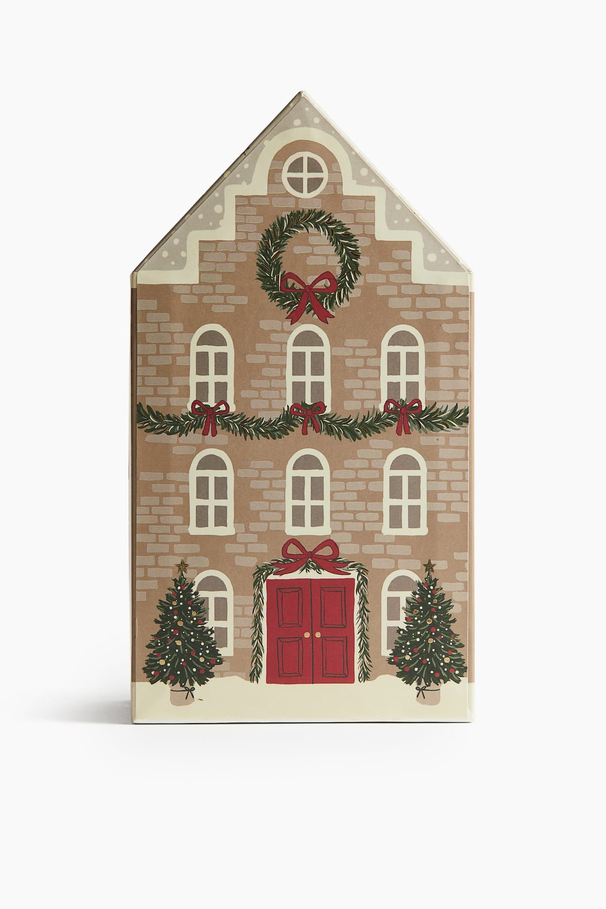 H&M adventskalender in de vorm van een bruin bakstenen huis met een trapgevel, een kerstkrans en een rode deur