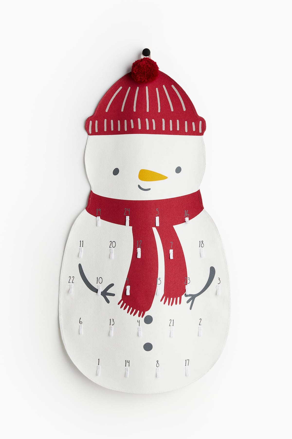 Stoffen H&M Snowman adventskalender: een sneeuwpop met een rode muts met pompon, een rode sjaal en 24 witte lusjes