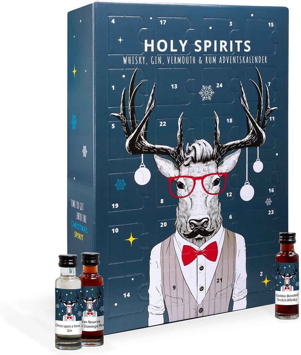 Holy Spirits adventskalender: blauwe doos met een hert met rode bril en strik, met drie flesjes van 20 ml ervoor