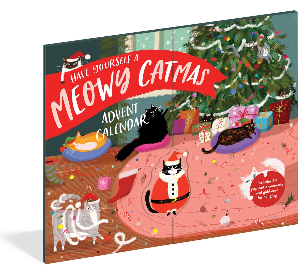 Have Yourself a Meowy Catmas adventskalender met katten rond een kerstboom op de voorkant