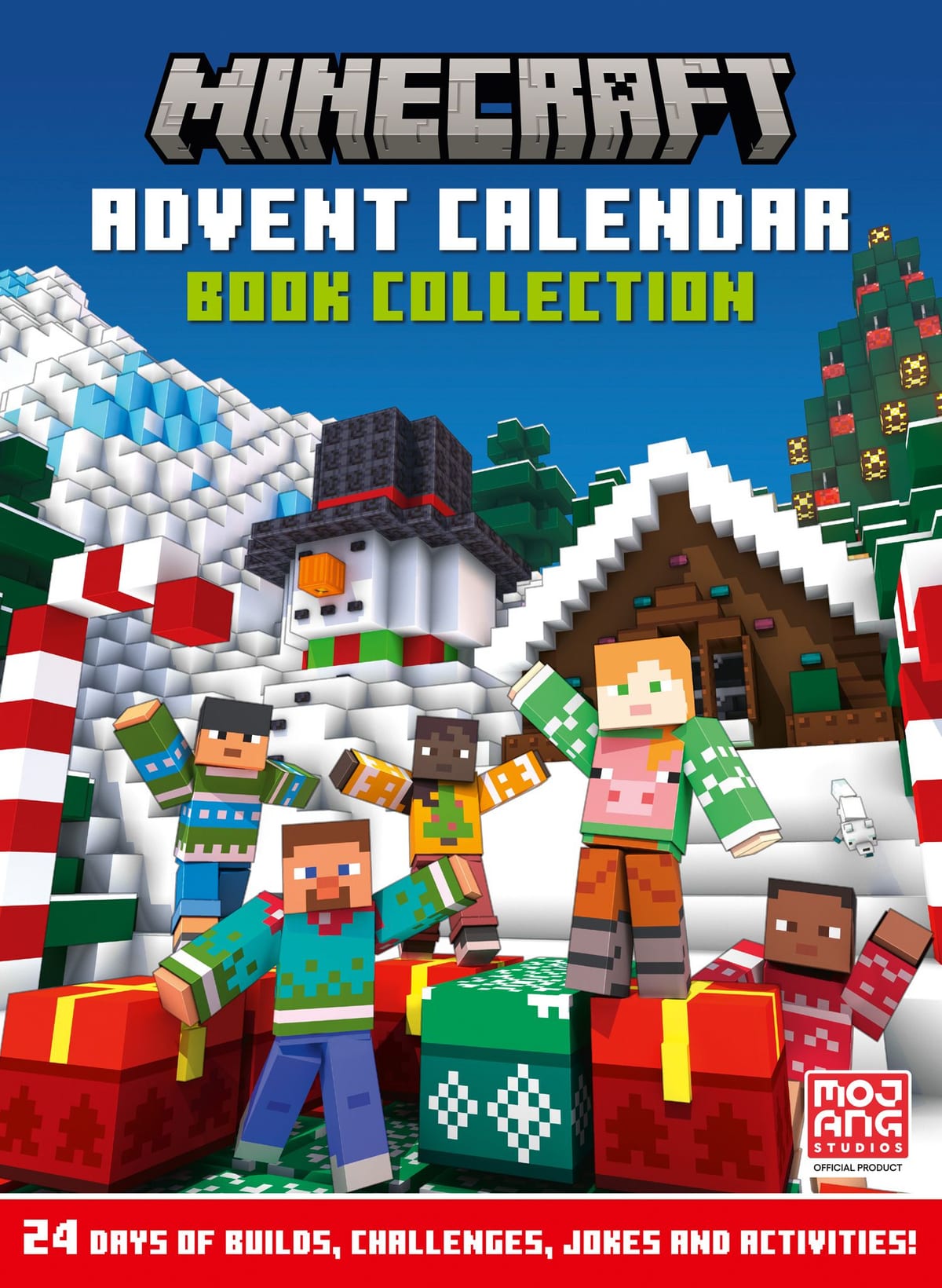 Minecraft Advent Calendar Book Collection van Farshore met Steve, Alex en een sneeuwpop van blokjes op de voorkant