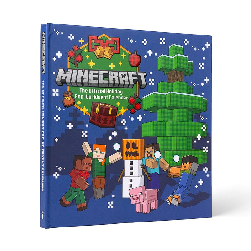 Minecraft The Official Holiday Pop-Up Advent Calendar, een vierkant blauw boek met Steve, Alex, een sneeuwpop en een varken