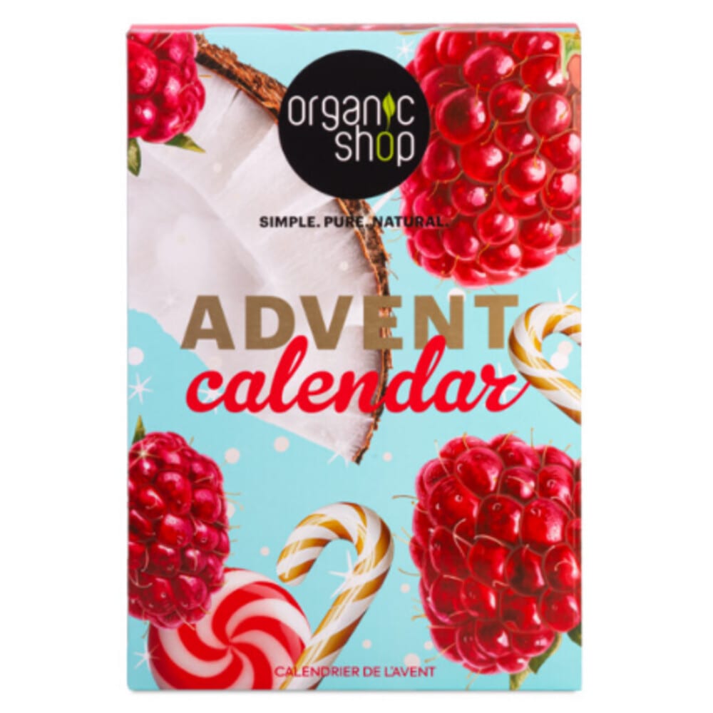 Lichtblauwe Organic Shop adventskalender met frambozen, een halve kokosnoot en zuurstokken