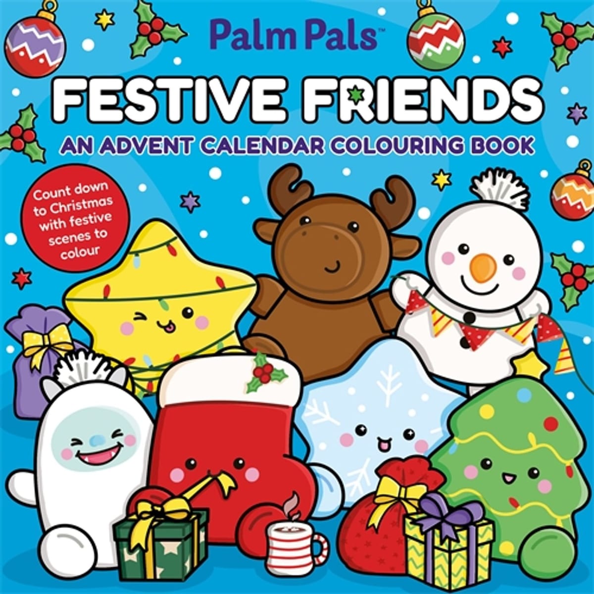 Palm Pals Festive Friends adventskleurboek met een ster, eland, sneeuwpop, yeti, kerstsok en kerstboom als knuffels
