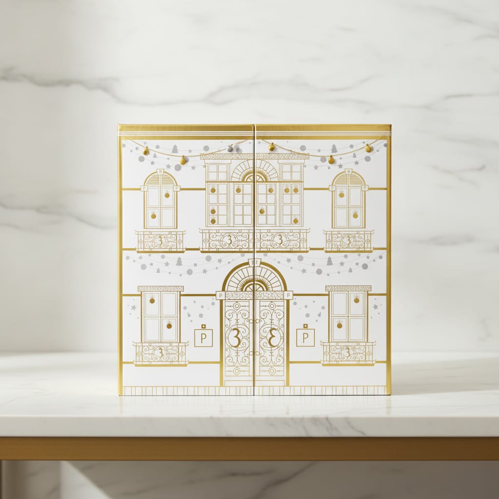 Gesloten Parfumerie.nl Advent Calendar: witte doos met een gouden gevel van een herenhuis