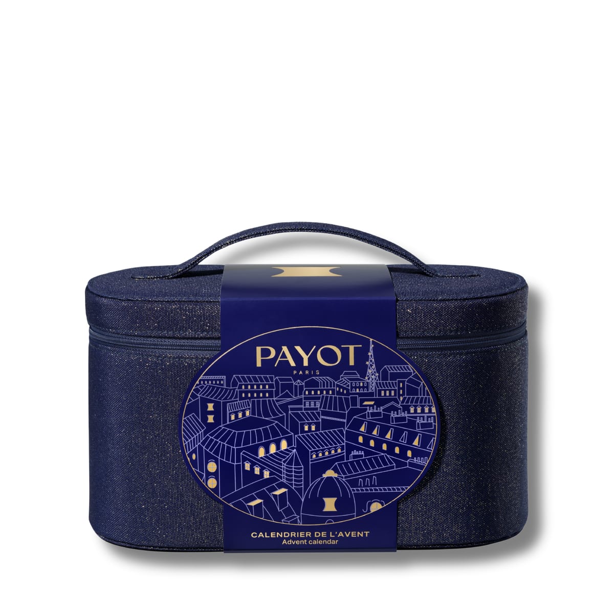 Payot adventskalender 2026: donkerblauwe beautycase met een tekening van Parijse daken