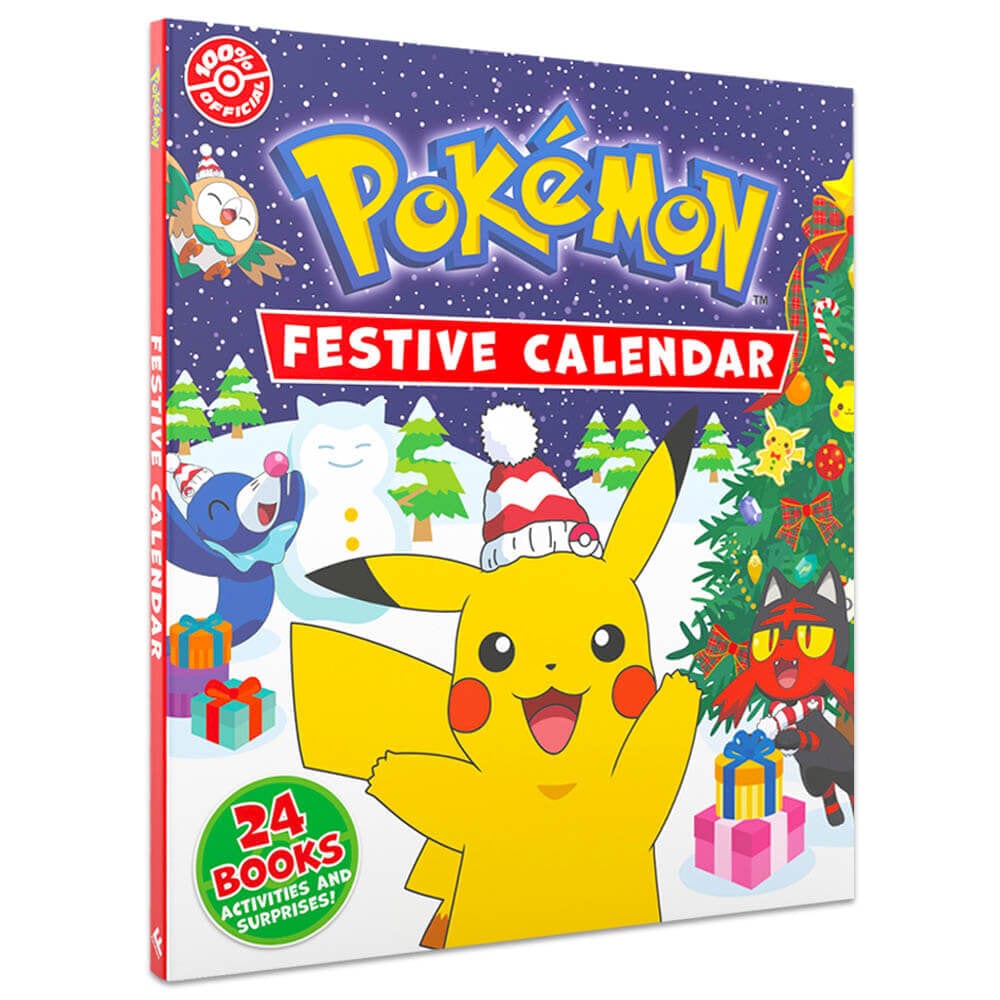 Pokémon Festive Calendar met Pikachu in een kerstmuts, Popplio, Litten en Rowlet in de sneeuw