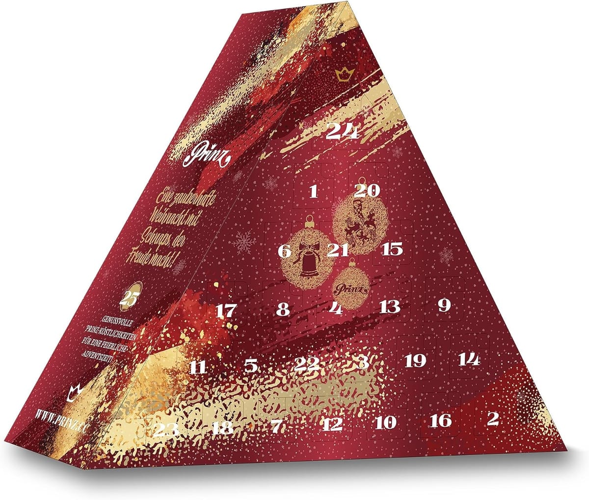 Prinz adventskalender klassiek: driehoekige rode doos met gouden vegen en drie gouden kerstballen op de voorkant