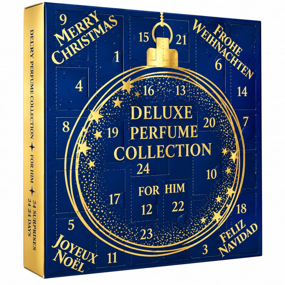 Donkerblauwe Real Time Deluxe Perfume Collection for Him adventskalender met een gouden kerstbal en genummerde deurtjes