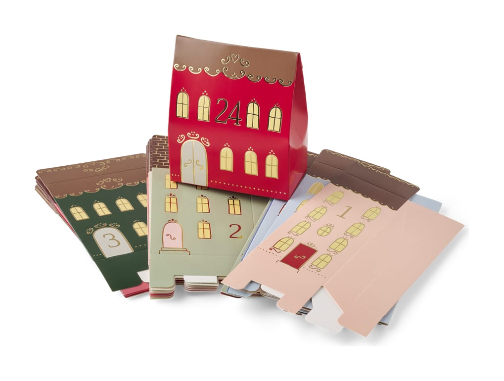 Søstrene Grene adventskalender met 24 papieren cadeautasjes in de vorm van huisjes