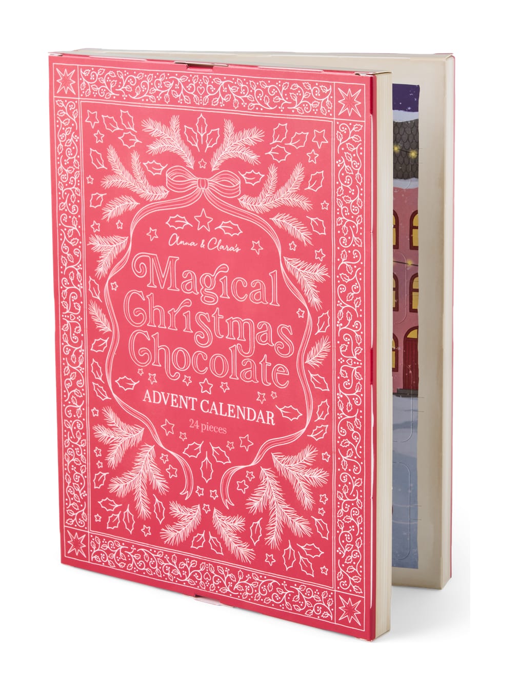 Søstrene Grene chocolade-adventskalender in de vorm van een rood boek met Magical Christmas Chocolate op de kaft