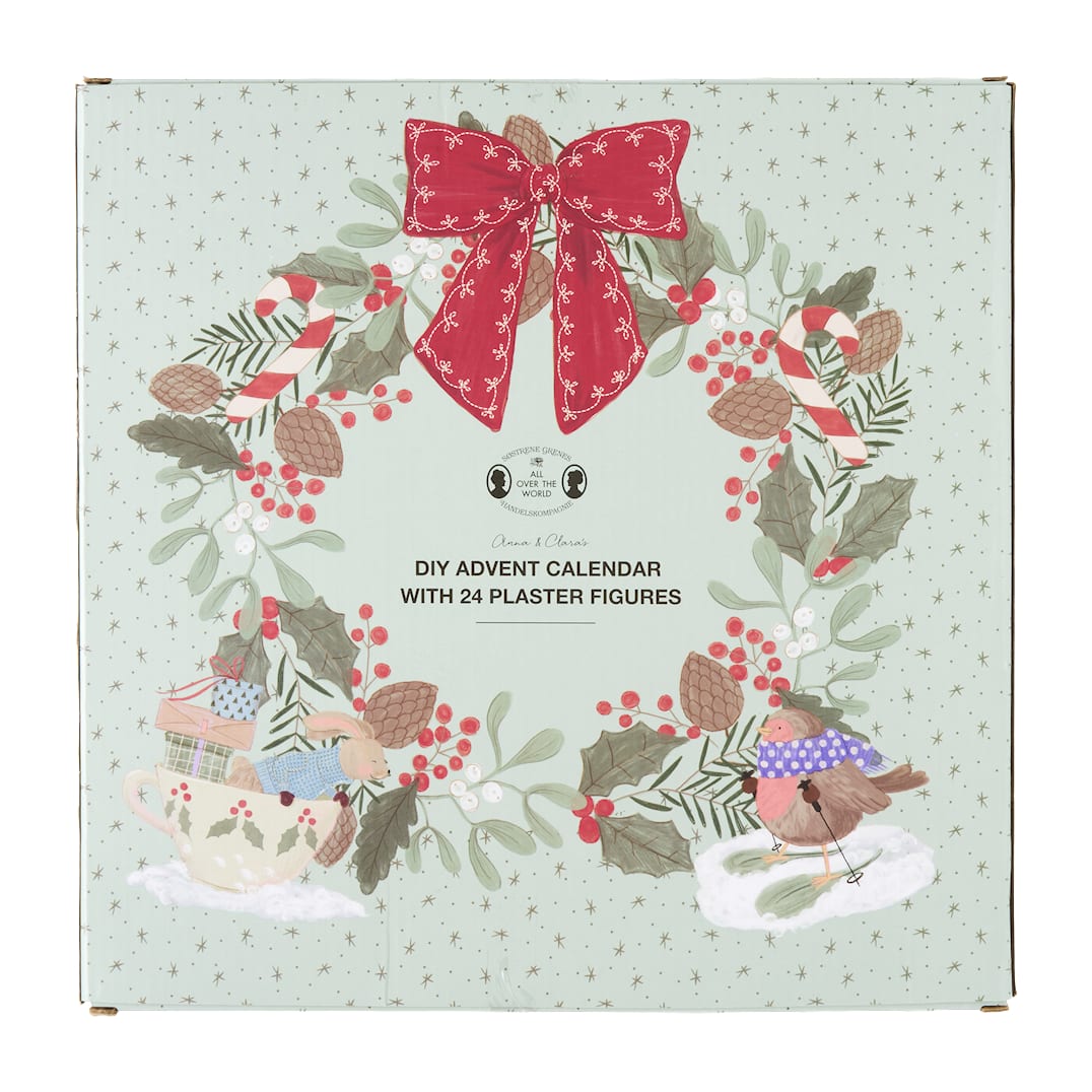 Søstrene Grene DIY-adventskalender met 24 gipsfiguren, mintgroene doos met een kerstkrans