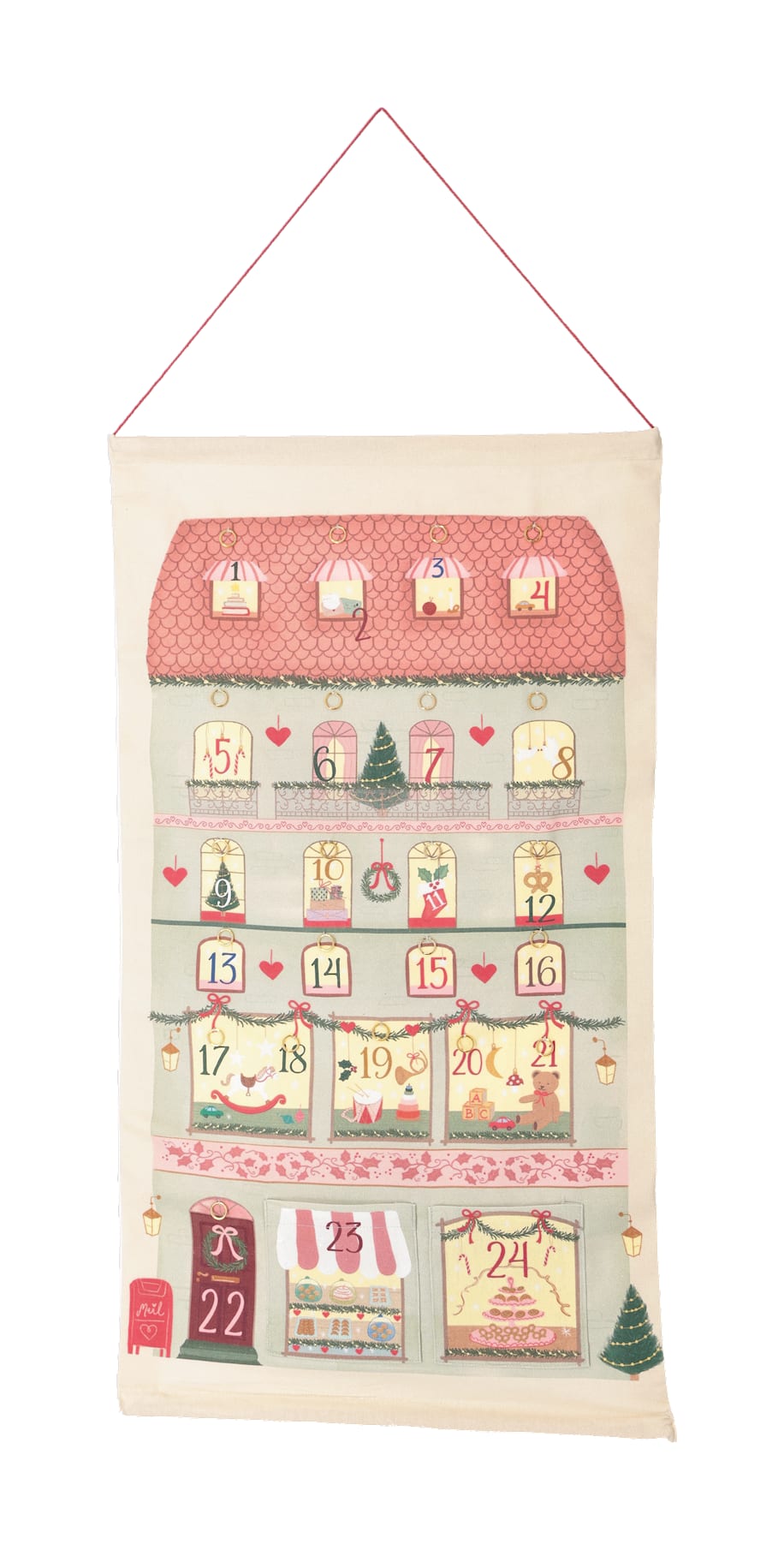 Stoffen adventskalender van Søstrene Grene: een huis met roze dak en de nummers 1 tot en met 24