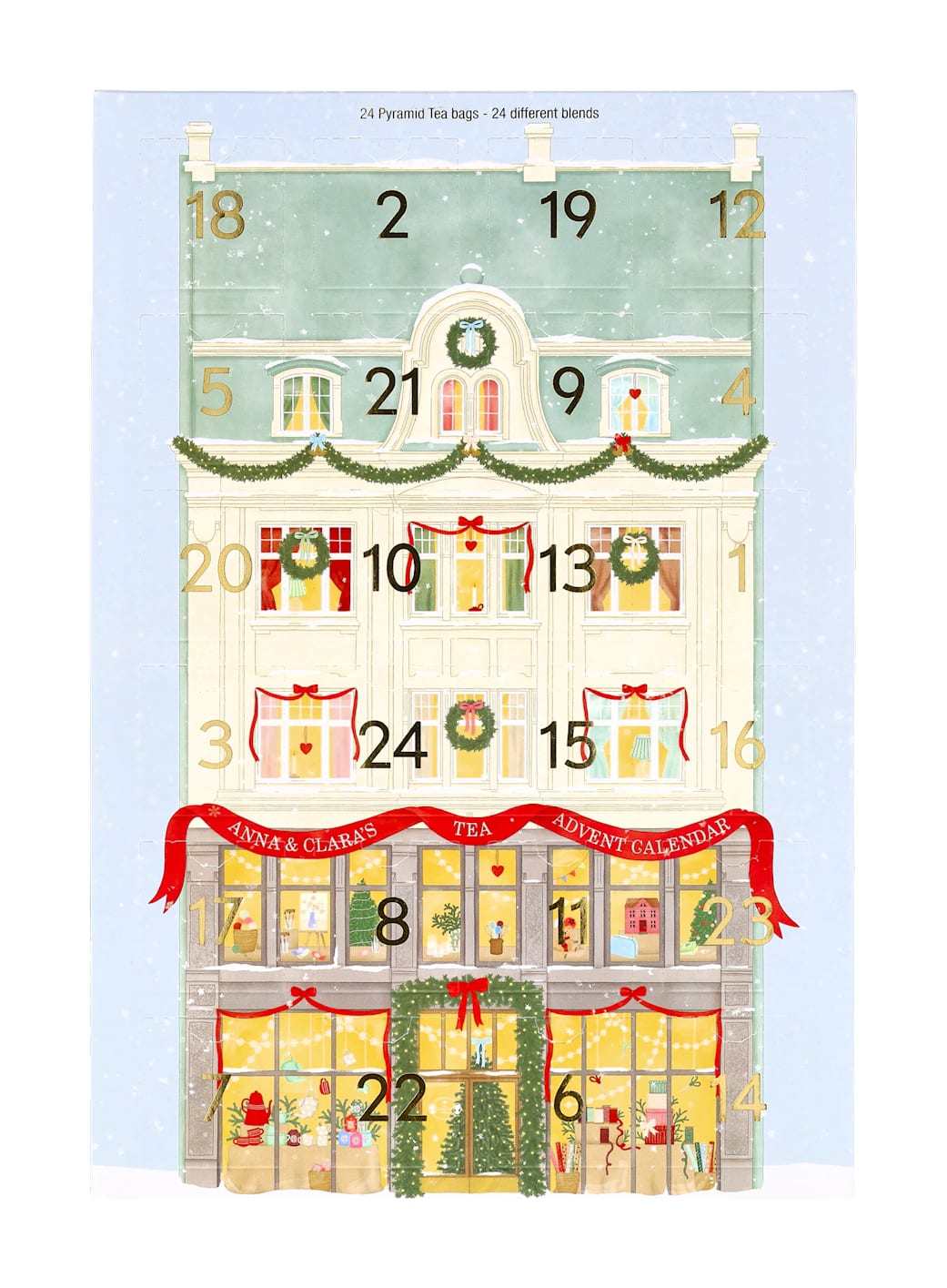 Søstrene Grene thee-adventskalender met een geïllustreerd herenhuis en 24 gouden nummers