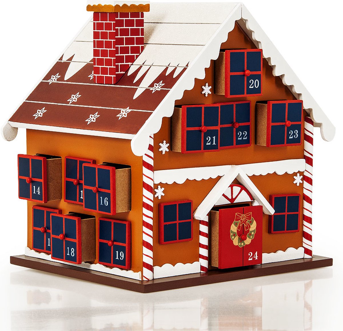 Houten adventskalender winterhuisje van Spielwerk met 24 genummerde laatjes