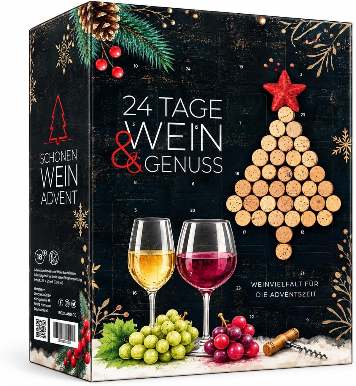UMBRELLA wijn adventskalender: zwarte doos met 24 Tage Wein & Genuss, twee wijnglazen en een kerstboom van kurken