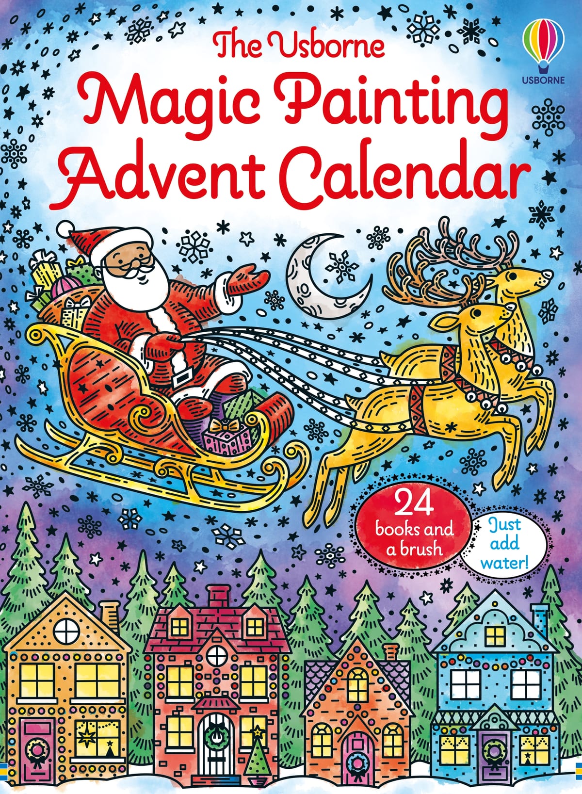 Usborne Magic Painting Advent Calendar met de Kerstman in zijn slee boven een rij gekleurde huizen