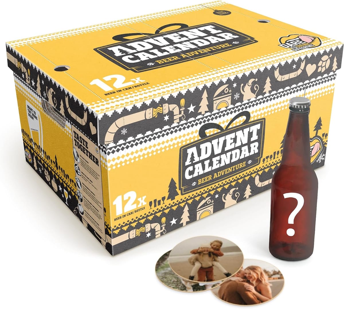 YourSurprise bier adventskalender: geel-zwarte doos Advent Calendar Beer Adventure met een bierflesje en twee viltjes met foto